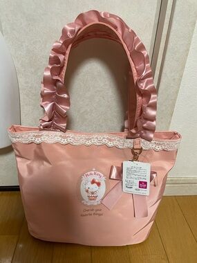 Hello Kitty Pink Satin Ruffle Handle Tote with Lace Trim